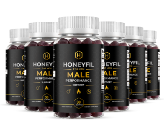 Multiple bottles of a men's vitality gummy supplement lined up